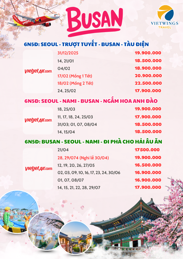 Lịch khởi hành tour Busan - Seoul 2026